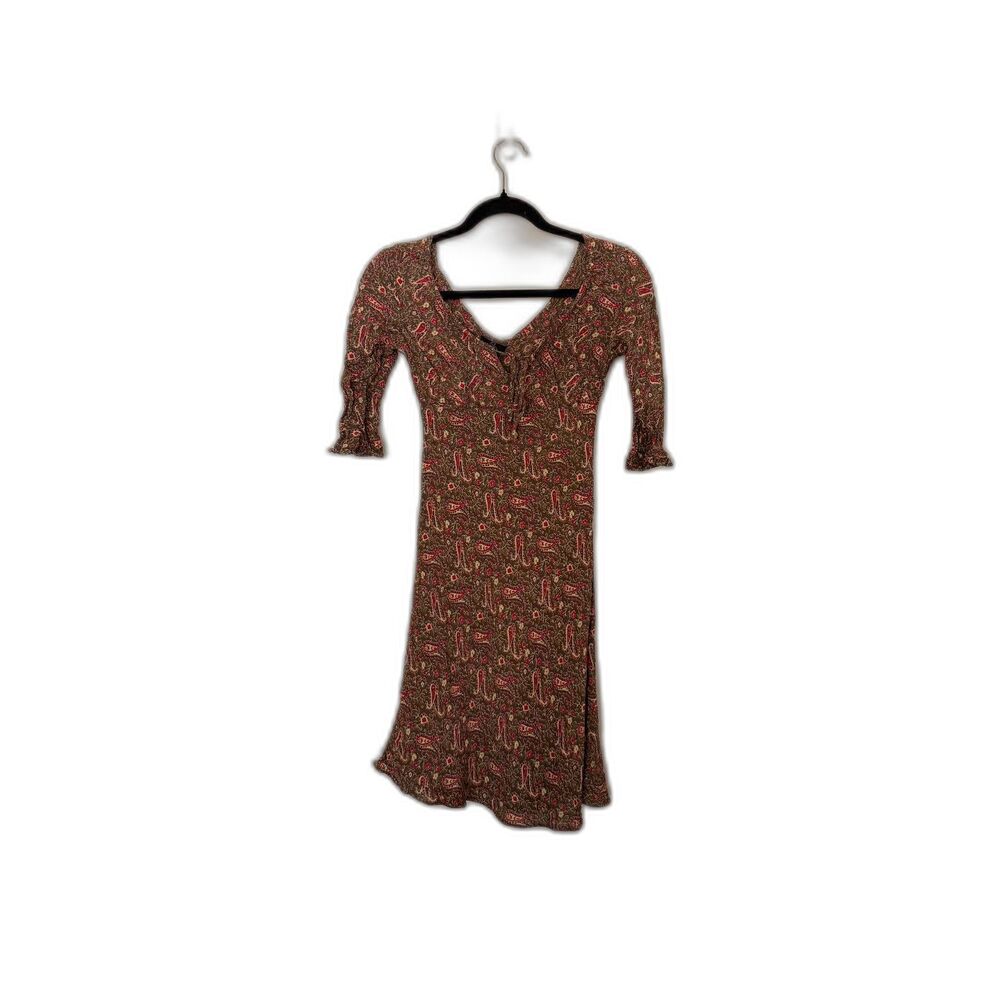 Boho Y2K Angie Olive Paisley Print Tie Front Mini Dress Size S